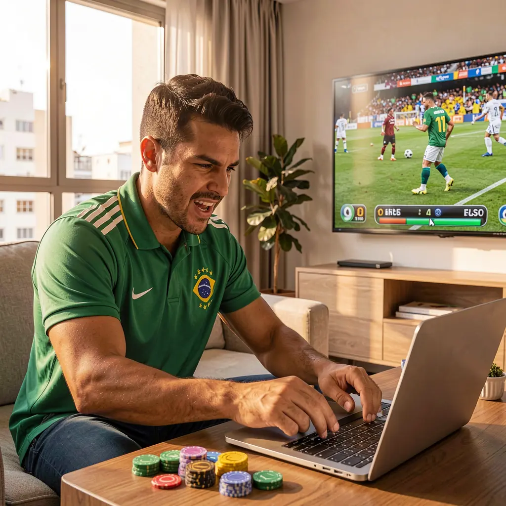 Passionate Brazilian sports fan celebrating a winning bet on his laptop with 78EE while watching a live soccer match on TV at home