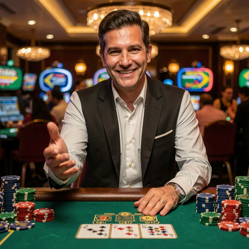 Confident Brazilian casino host in a tuxedo extending his hand with glowing chips and lights symbolizing trusted access to 78EE Brazil